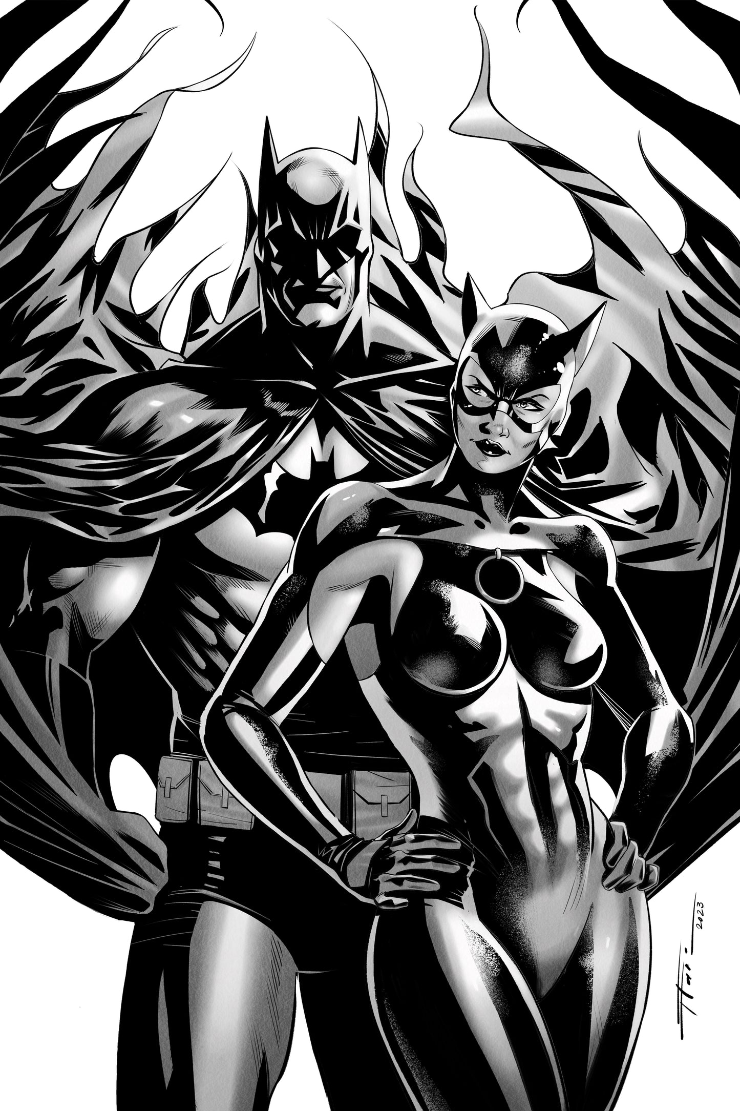 The Batman & Catwoman | Flaviu Pop | Black & White Print cover – Collector Cartel™ exclusive