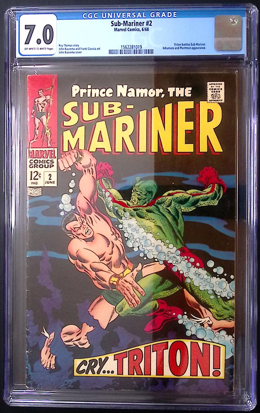 Sub-Mariner #2 CGC 7.0 Marvel Silver Age comic featuring Namor battling Triton of the Inhumans