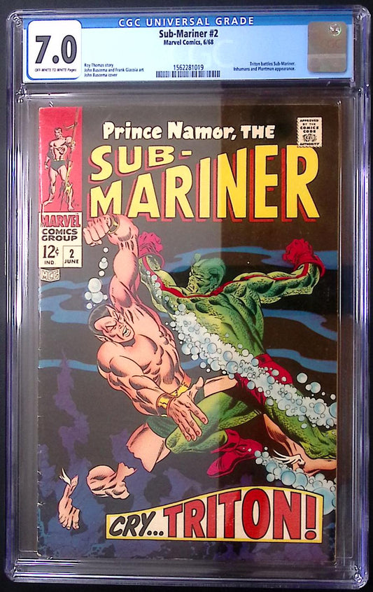 Sub-Mariner #2 CGC 7.0 Marvel Silver Age comic featuring Namor battling Triton of the Inhumans