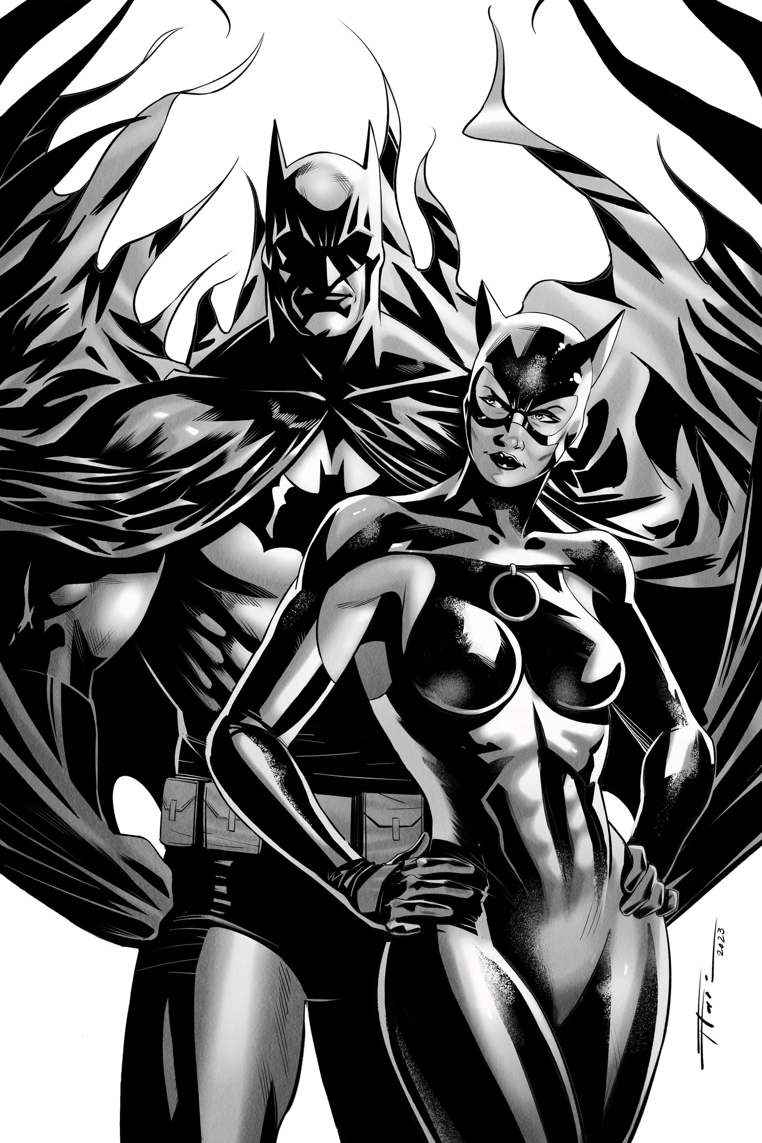 The Batman & Catwoman | Flaviu Pop | Black & White Print cover – Collector Cartel™ exclusive
