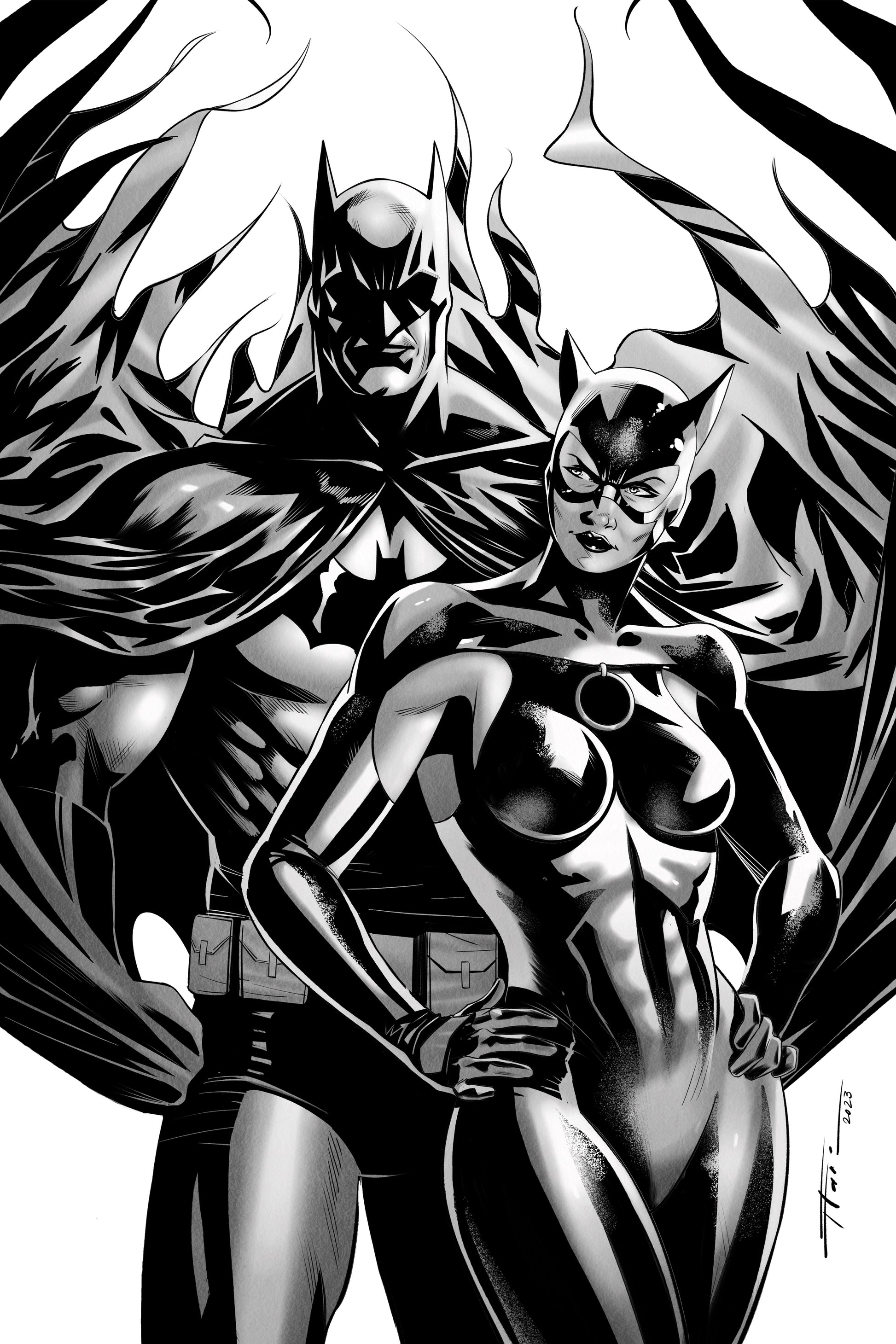 The Batman & Catwoman | Flaviu Pop | Black & White Print cover – Collector Cartel™ exclusive