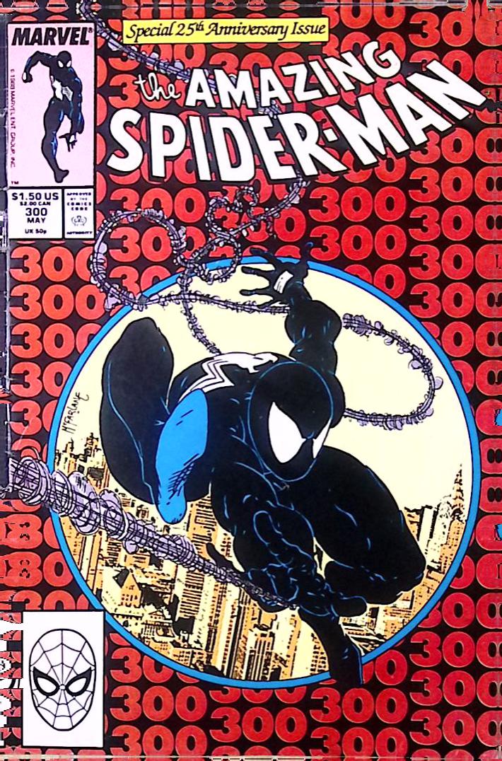 The Amazing Spider-Man #300 comic book cover featuring black suit Spider-Man by Todd McFarlane
